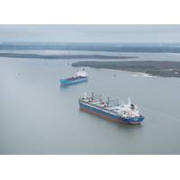 Chemical tanker Carla Maersk and bulk carrier Conti Peridot off Morgan's Point, Texas, March 10, 2015, after being involved in a collision March 9, 2015. (U.S. Coast Guard photo by Dustin R. Williams)