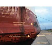 Postaccident photo of the Atlantic Huron alongside the west center pier. Point of contact and damage are indicated by arrows. (Source: US Coast Guard)