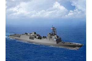 An artist rendering of the guided-missile frigate FFG(X). The new small surface combatant will have multi-mission capability to conduct air warfare, anti-submarine warfare, surface warfare, electronic warfare and information operations. (U.S. Navy graphic)