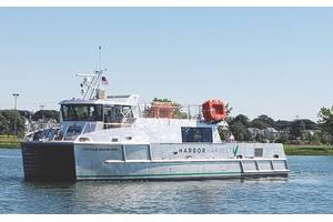 First-of-its-kind cargo vessel Captain Ben Moore delivers local produce and food across Long Island Sound. Built by Derecktor Shipyards, the aluminum catamaran is powered by two Cummins QSB 6.7 diesels, and lithium batteries connected to a pair of BAE Systems HybriDrive electric motors.  (Credit: Harbor Harvest)