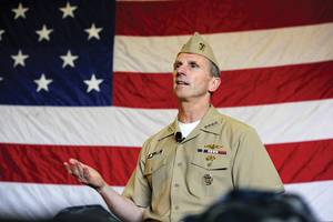 CNO Adm. Jonathan Greenert talks to tidewater area Sailors during an all-hands call aboard the aircraft carrier USS George H.W. Bush (CVN 77). (U.S. Navy photo by Mass Communication Specialist 1st Class Peter D. Lawlor/Released)