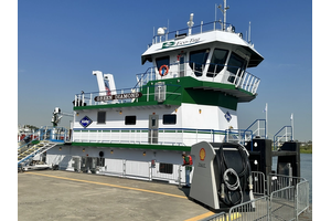 Kirby Inland Marine's Green Diamond—the United States' first plug-in hybrid electric inland towboat—was christened on August 25, 2023 in Houston. (Photo: Corvus Energy)