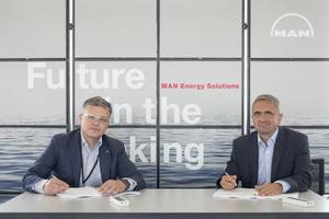 Dr. Otto Preiss (left ), Chief Technology Officer and COO of Rolls-Royce Power Systems, and Dr. Uwe Lauber, Chief Executive Officer of MAN Energy Solutions, have signed an agreement for a strategic partnership that will see MAN's PBST brand distribute state-of-the-art mtu turbochargers. (Photo courtesy Rolls-Royce)