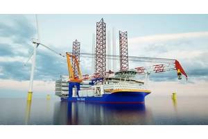 A wind turbine installation vessel being built for Van Oord at Yantai CIMC Raffles shipyard will be powered by five Wärtsilä 32 engines. Credit: Van Oord