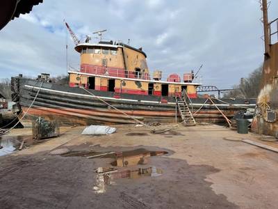 Amogy is retrofitting its ammonia-to-power system on board a 1957-built tug at Feeney Shipyard in Kingston, N.Y. (Photo: Amogy)