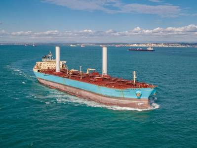 A cargo vessel with Flettner rotors – a modern equivalent to sails. Flettner rotors are smooth cylinders with discs that spin as wind passes at right angles across it. (Photo: Norsepower)