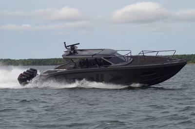 M15Q conducting maneuverability and high speed test runs. Photo courtesy Marell Boats of Sweden