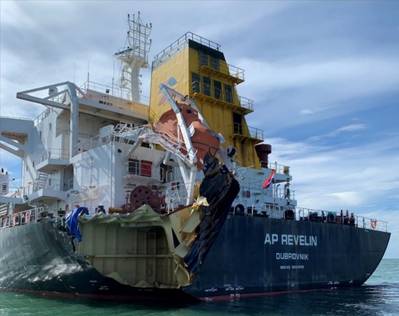 Damaged stern area of the AP Revelin after the collision. (Photo: NTSB)