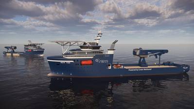 The new ESCV will run on green methanol and batteries and will be the first vessel to perform heavy construction work in both offshore wind and subsea with net zero emissions. Photo by REM Offshore.