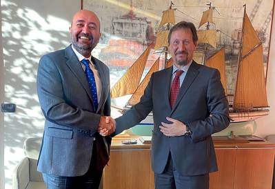 Ali Gurun, Vice President of Sanmar, and Alberto Dellepiane CEO Italy for Rimorchiatori Mediterranei. (Photo: Sanmar Shipyards)