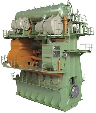 Integrated design of EGR unit (orange) into an MAN B&W 6G70ME-C9 engine (Image: MAN Diesel & Turbo)