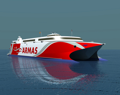 The 109 meter long wave-piercing vessel will be the third Incat built high speed catamaran to join the Naviera Armas fleet. (Image: Wärtsilä)