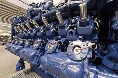 The main propulsion system of the Sembcorp hybrid tug comprises twin 16-cyclinder mtu Series 4000 gas units which will provide a combined total power of 2984 kilowatts. The new engines are part of Rolls-Royce's Green and High-Tech program. Without exhaust gas aftertreatment they emit no sulfur oxides and only very small quantities of nitrogen oxide and particulate mass is below the verification limit. (Photo: Rolls-Royce)