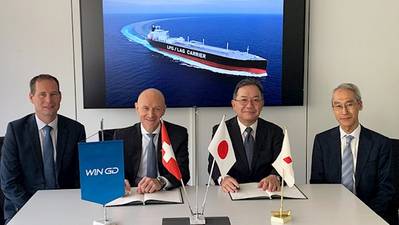 From left to right - Dominik Schneiter, Vice President R&D – WinGD, Klaus Heim, CEO – WinGD, Toru Kitamura, President and CEO - Mitsubishi Shipbuilding Co., Manabu Kawakado, Executive Director, Head of Marine Engineering Centre - Mitsubishi Shipbuilding Co. (Photo: WinGD)
