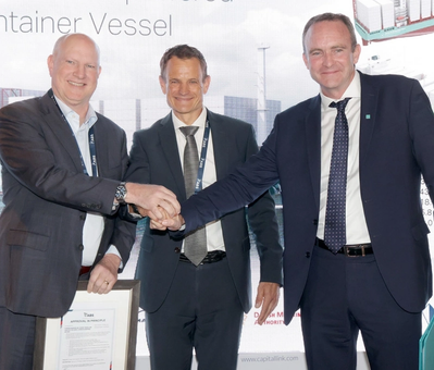 Left to right: John McDonald, ABS President and COO; Claus W. Graugaard, Chief Technology Officer, Onboard Vessel Solutions at the Mærsk Mc-Kinney Møller Center for Zero Carbon Shipping; Andy McKeran, Chief Commercial Officer of Lloyd’s Register. (Photo: LR)