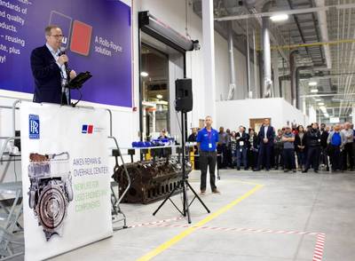 Rolls-Royce Power Systems CEO Joerg Stratmann addressed employees during the opening ceremony for the new Remanufacturing & Overhaul Center at the company’s mtu Aiken campus in South Carolina. Initial production will focus on remanufactured service parts to support customers in North America. (Photo: Rolls-Royce)
