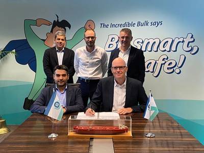 (Seated left to right) Panos Koutsourakis, ABS Vice President of Global Sustainability; and James Marshall, Berge Bulk CEO. (Standing left to right) Arnab Ghosh, ABS Director, Business Development; Sylvain Julien, Berge Bulk Head of Innovation and Newbuilding; Paolo Tonon, Berge Bulk Technical Director. Image courtesy ABS
