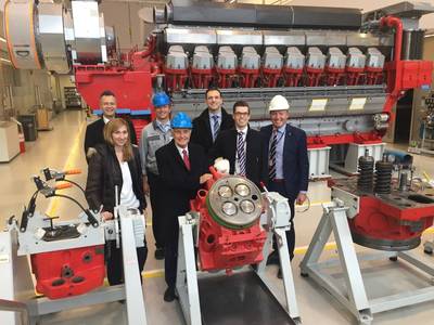 Stena CEO, Dan Sten Olsson (front, blue helmet) and Stena Line Technical Director, Bjarne Koitrand (white helmet) pictured in Augsburg during a tour of the local MAN PrimeServ facility (Photo: MAN Diesel & Turbo)