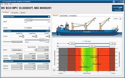 TrimOptimizer: The easy-to-use interface has become a trademark of ECO-Assistant. Speed, displacement (or current drafts) and optional extra ballast are all that is needed to get the optimal trim.