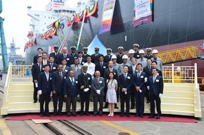 The Unique Shipping Group christened its new DNV GL-classed vessel Oriental Jubilee in Ulsan, Korea recently. It is the first vessel to receive the DNV GL SCRUBBER READY notation. Credit: Unique Shipping Group