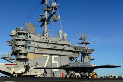 Unmanned Aircraft on Carrier Trial: Photo credit USN