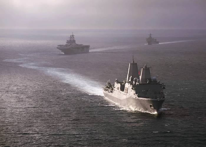 The amphibious transport dock ship USS San Diego (LPD 22) leads the America Amphibious Ready Group, comprised of San Diego, the amphibious assault ship USS America (LHA 6) and the amphibious dock landing ship USS Pearl Harbor (LSD 52) during a simulated straits transit off the coast of Southern California. (U.S. Navy photo by Chad Swysgood)