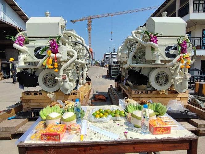 Thai Buddhist offerings for the new engines. Image courtesy Cummins/Thai Marine Department