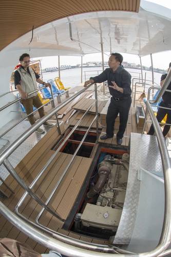 A pair of classic Cummins NTA855 diesels is fitted into the hull under the port and starboard platforms that support the stairs to the upper decks.(Photo: A.Haig-Brown courtesy of Cummins)