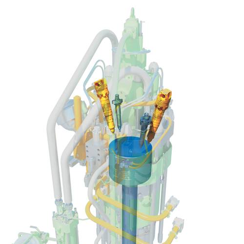 The LGI combustion chamber consists of two LGI-fuel valves and two oil-fuel valves, the latter used for pilot oil when running in LGI-mode and as fuel valves when running in normal mode (Image: MAN Diesel & Turbo)