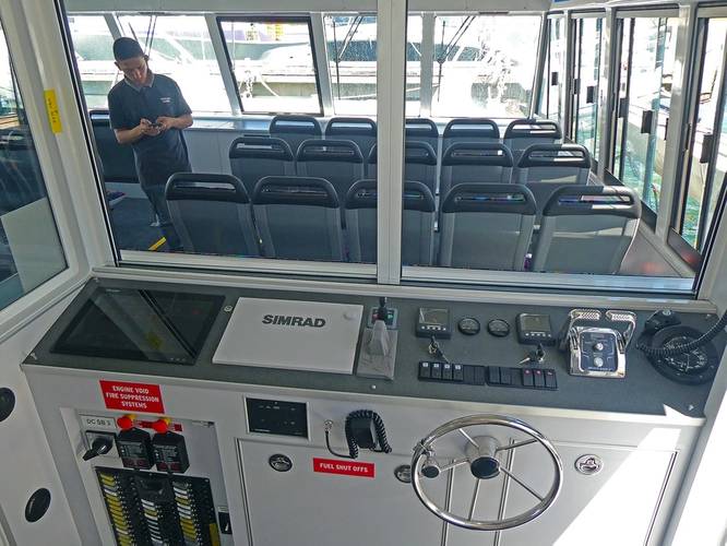 All controls are centralized in a compact wheelhouse on the starboard side, an arrangement that enables the Master to dock the ferry singlehandedly and monitor passenger flows without leaving the control station. Photo: Dongara Marine