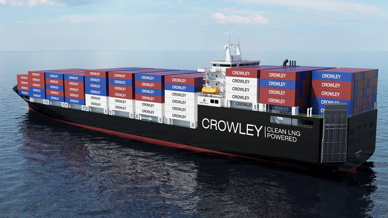 Crowley depiction: larger, faster and environmentally-friendly liquefied natural gas (LNG)-powered, combination container – Roll-On/Roll-Off (ConRo) ships.