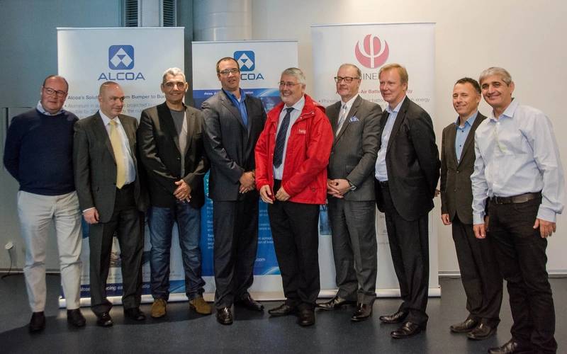 Development partners and guests at aluminum-air battery marine application launch, Lake Neuchatel Switzerland, August 26. From left to right: Luca Zipponi, Alcoa; Israeli Ambassador Igal Caspi; Aviv Tzidon, Phinergy; Martin Briere, Alcoa; Jean-Francois Affolter, Heig VD,; Delegate general of Québec Claude Trudelle; Simon Baker, Alcoa; Nicolas Dalmau, Alcoa; and Dekel Tzidon Phinergy