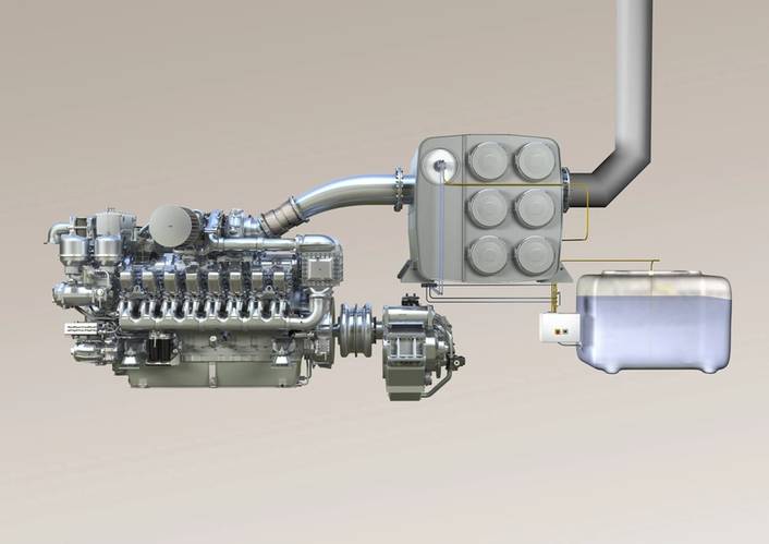 MTU diesel genset 16V 4000 with SCR exhaust aftertreatment for IMO Tier III emission requirements. The nitrogen oxide (NOx) emissions will be cut by 90% compared with the IMO Tier I regulation.