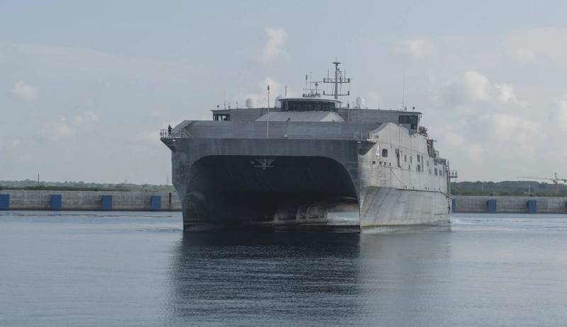 The expeditionary fast transport ship USNS Fall River (T-EPF-4) arrives in Hambantota to participate in Pacific Partnership 2017 mission stop Sri Lanka. (U.S. Navy photo by Joshua Fulton)