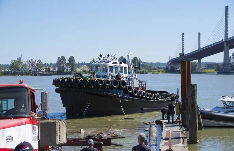 The tug floats off the launch cradle and finds her waterline (Photo courtesy of Haig-Brown/Cummins)