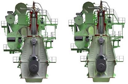 Graphical rendering of the G95ME-C9.2 engine (left) and S90ME-C10.2 engine (right)
