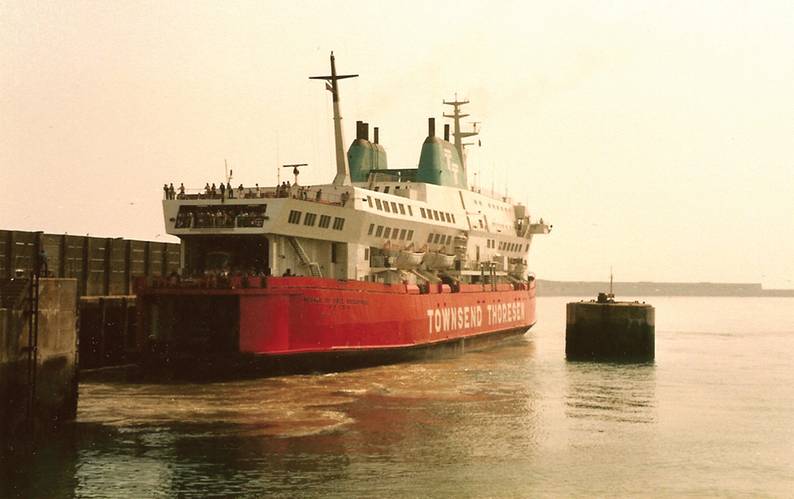 Herald Of Free Enterprise at the dock in Dover, Great Britain. While leaving the Belgian port of Zeebrugge on the night of 6 March 1987, the RoRo ferry left the harbor with her bow-door open, allowing the sea to rush in and flood her decks. She capsized in minutes, killing 193 passengers and crew. Photos: U.S. Coast Guard Archives