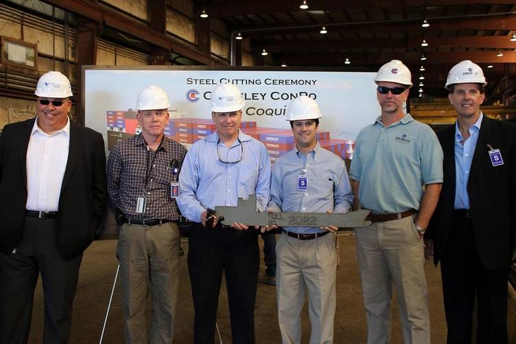 From left: Jensen's Dean Sahr, Manager, New Construction Projects and Jonathan Smith, Director, Construction Management, with Crowley's Ray Martus, Vice President, Construction Management; Tucker Gilliam, Vice President, Liner Services; Patrick Sperry, Manager, Construction Management; and Cole Cosgrove, Vice President, Operations