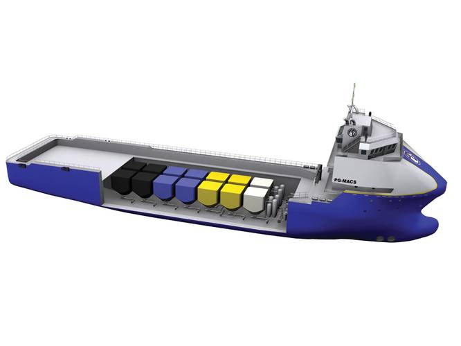 PG Marine is renowned in the offshore industry, and the deal with W&O  brings its expertise to the Gulf of Mexico. Illustrated  are its under deck  tank configuration, the PG-MACS tanks, with full cargo flexibility for  wet-, dry-bulk, drill cuttings, rig slops and recovered oil.