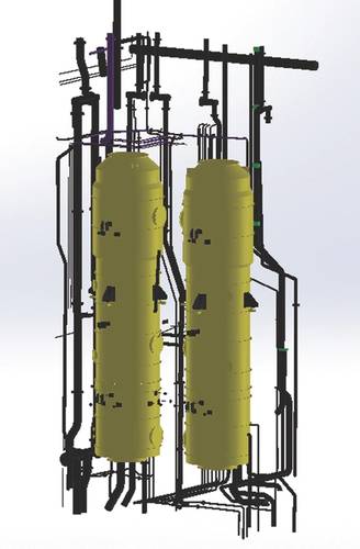 A 3D model of the scrubber with system connections. (Image: Goltens)