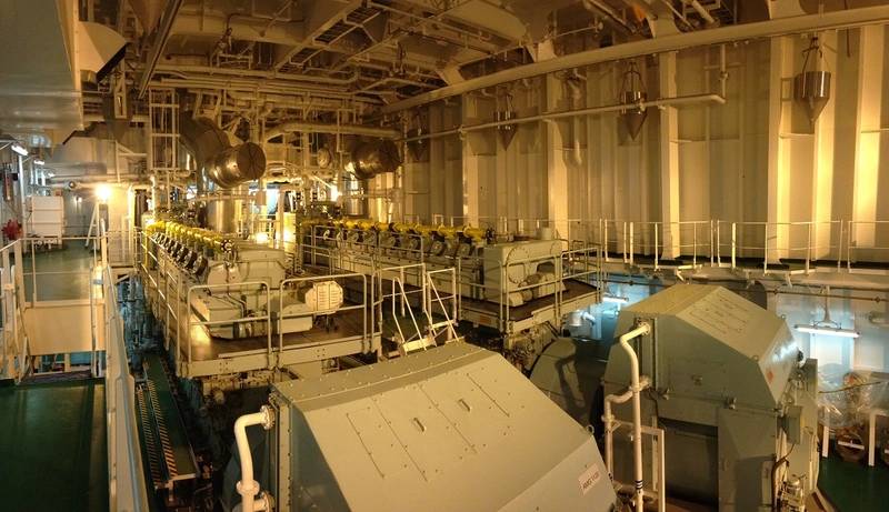 Panorama of the engine room aboard the Velikiy Novgorod featuring a diesel-electric, dual-fuel propulsion system consisting of 2 × MAN 8L51/60DF and 2 × MAN 9L51/60DF engines