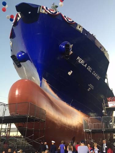 Perla del Caribe, the second of two LNG-fueled Marlin Class ships built by General Dynamics NASSCO for Tote, was launched at NASSCO’s yard in San Diego. (Photo: General Dynamics NASSCO)