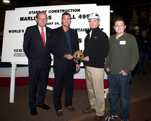 From left: Peter Keller, EVP of TOTE; Congressman Duncan Hunter, Walter Tschernkowitsch, Manager, General Dynamics NASSCO Steel Dept. and Duncan Hunter, Congressman Hunter's son who did the honors of making the first cut of steel on TOTE's new Marlin Class hull #495.