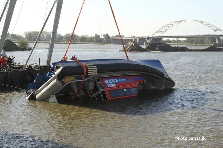 The rescue vessel Nh 1816 is rolled over during a recent test with KNRM.