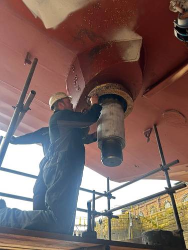 Rudder headstock reassembly as part of stern tube repair procedures courtesy of Marine and Industrial Transmissions.