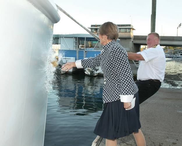 R/V Spirit of the Sound christened by her godmother Astrid Heidenreich on Friday, September 26, 2014. She is assisted by boat build project manager Robert Kunkel, Amtech.