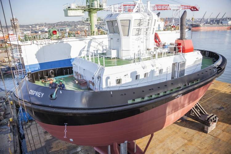 TNPA’s new tug, OSPREY, was launched and named at the Southern African Shipyards premises in Durban, South Africa.  (Photo: TNPA)