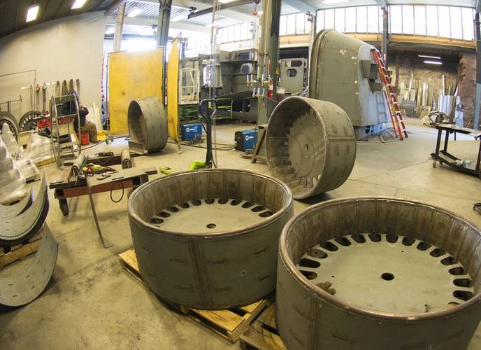 Snow Boat Works are in the process of building all 12 of the nozzles for their six-boat order. The center inserts assure that the 42-inch type 37 nozzles keep their perfect shape until welded into the stern component in the background. They also aid in the alignment of shafts. (Photos: Haig-Brown/Cummins)