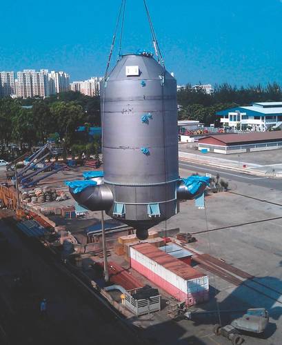 A Wärtsilä V-SOx Scrubber being installed on board the MV Tarago. (Photo: Wärtsilä)